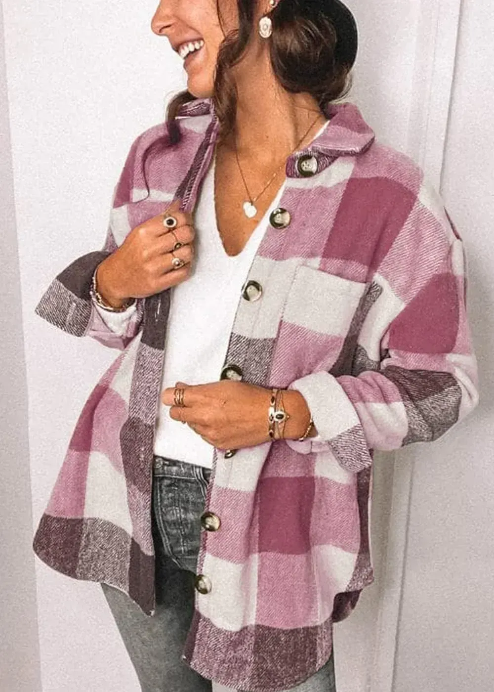 Women's 2023 Fall Clothes Plaid Shacket Jacket Long Sleeve Button Down Flannel Shirts Fashion Blouse