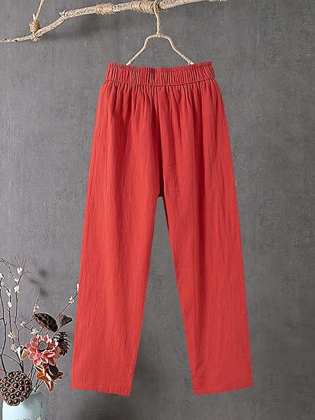 Women's Slacks Baggy Cropped Pants Linen Plain Pocket Baggy Ankle-Length Micro-elastic Mid Waist Streetwear Casual Vacation Casual Daily Black White S M Summer Spring