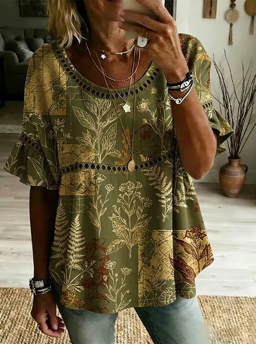 Women's Nashville Botanical Fern Printed Ruffle Sleeve Top