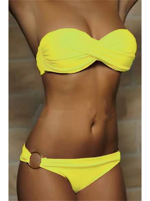 Women's Swimwear Bikini 2 Piece Normal Swimsuit Ruched 2 Piece Open Back Sexy Pure Color Black White Yellow Pink Red Padded Strapless Bathing Suits New Vacation Beach Wear