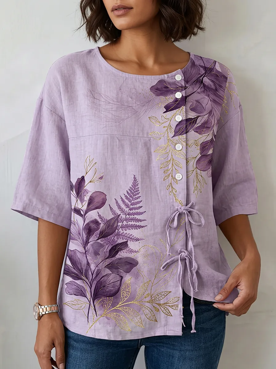 Women's Nashville Floral Fern Printed Button-Up Linen Top