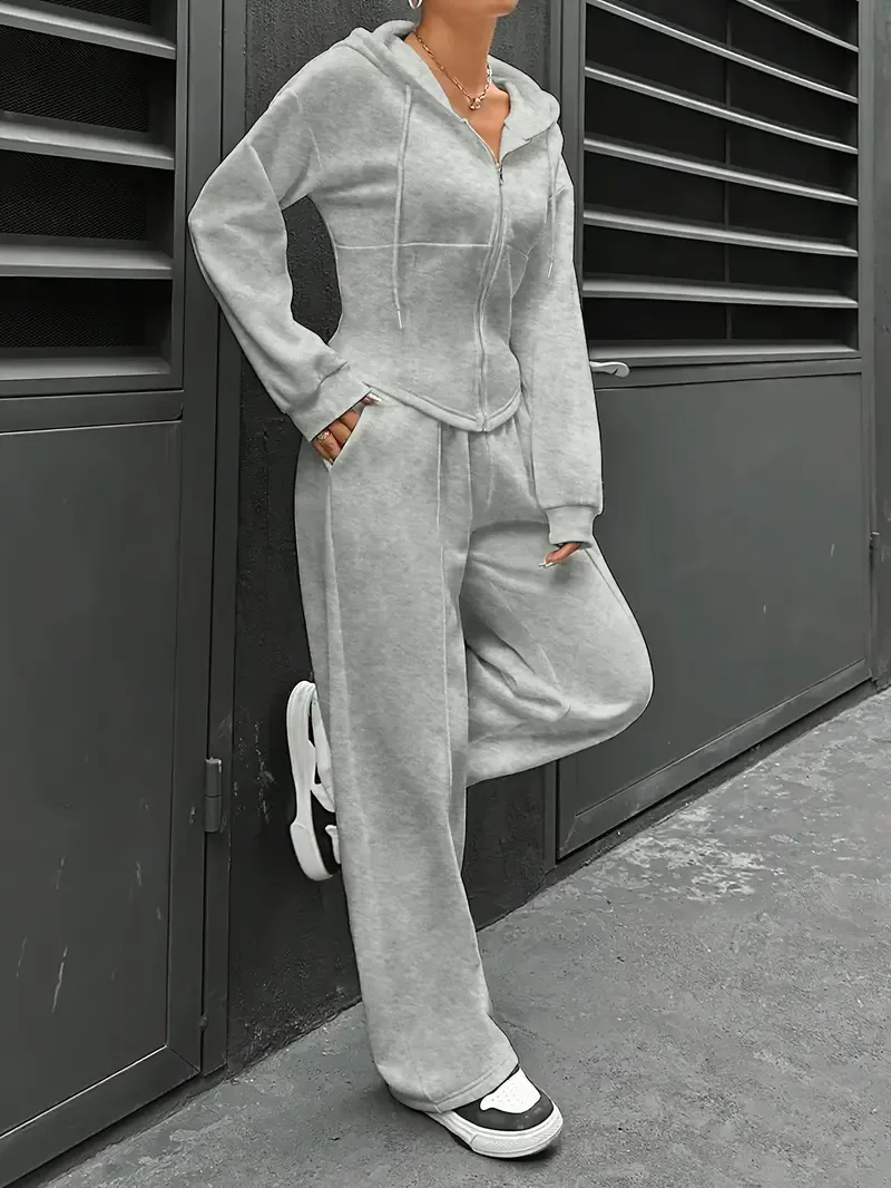 Women's Elegant Solid Color Polyester Hooded Tracksuit Set with Drawstring and Zipper Details – Knit Fabric Pantsuit for All Seasons