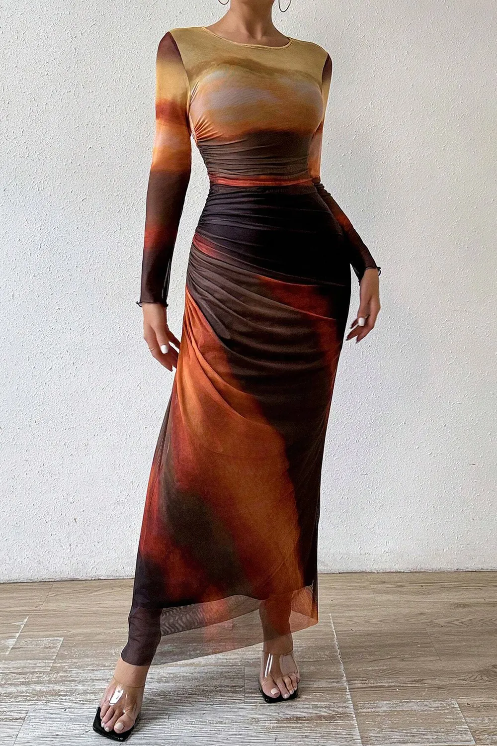 Women's Tie Dye Long Sleeve Pleated Dress