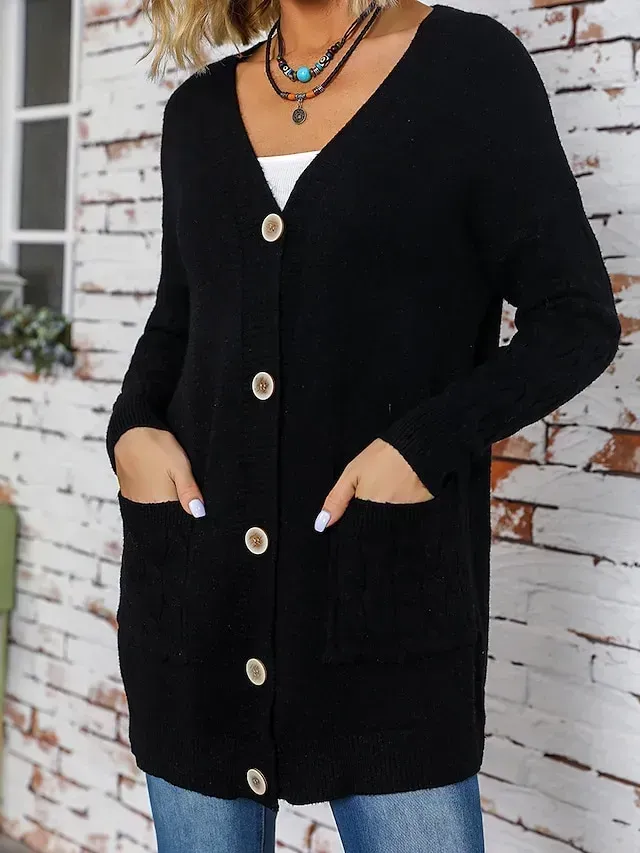 Women‘s Christmas Cardigan Sweater V Neck Cable Knit Polyester Button Pocket Fall Winter Long Outdoor Xmas Daily Going out Stylish Casual Soft Long Sleeve Solid Color Black Red Blue S M L