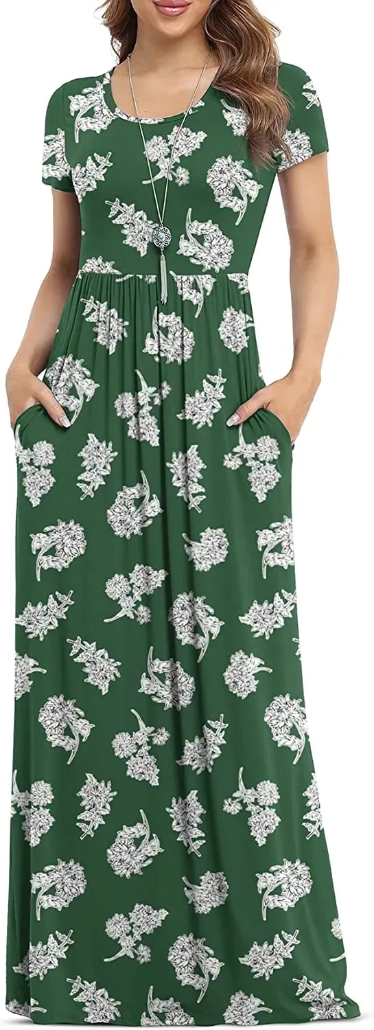 Women's Short Sleeve Loose Plain Maxi Dresses Casual Long Dresses with Pockets