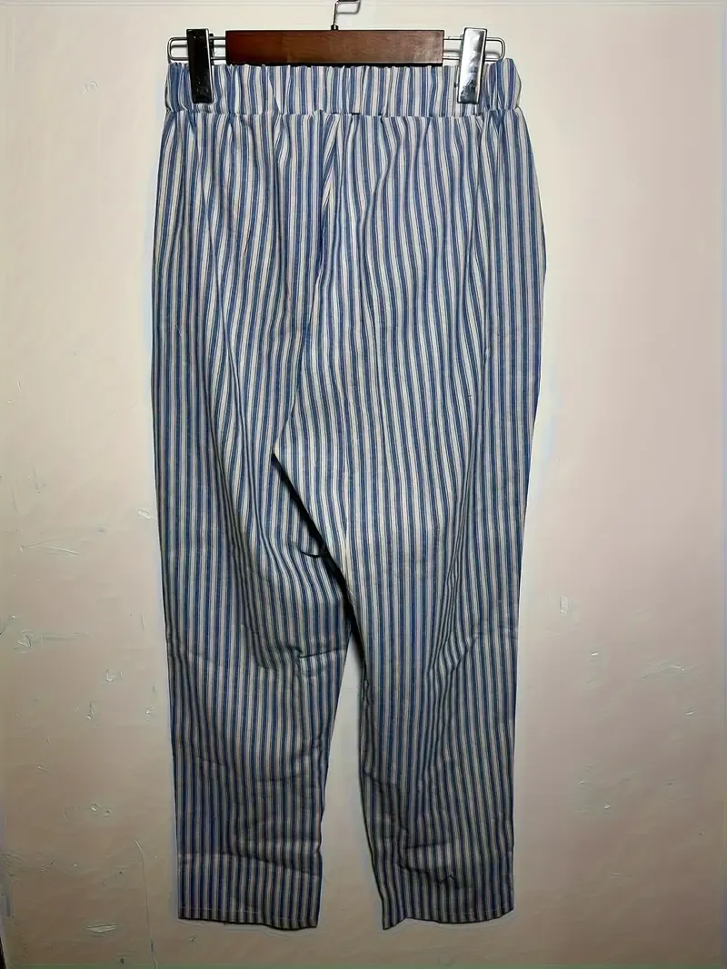 Women's Striped Wide-Leg Casual Pants - High-Waisted, Lightweight Polyester, Machine Washable, All-Season Comfort with Side Stripe Detail