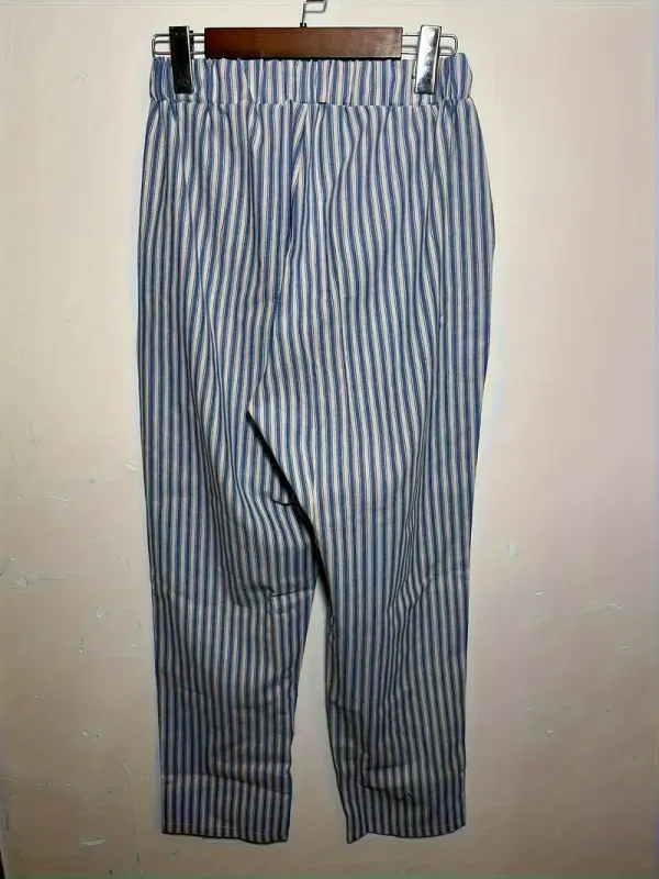 Women's Striped Wide-Leg Casual Pants - High-Waisted, Lightweight Polyester, Machine Washable, All-Season Comfort with Side Stripe Detail