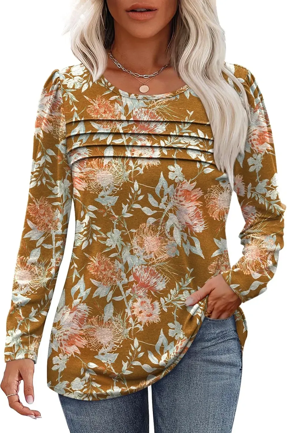 OFEEFAN Long Sleeve Shirts for Women Fall Fashion 2024 Dressy Casual Blouses Trendy Pleated Tunic Tops for Leggings