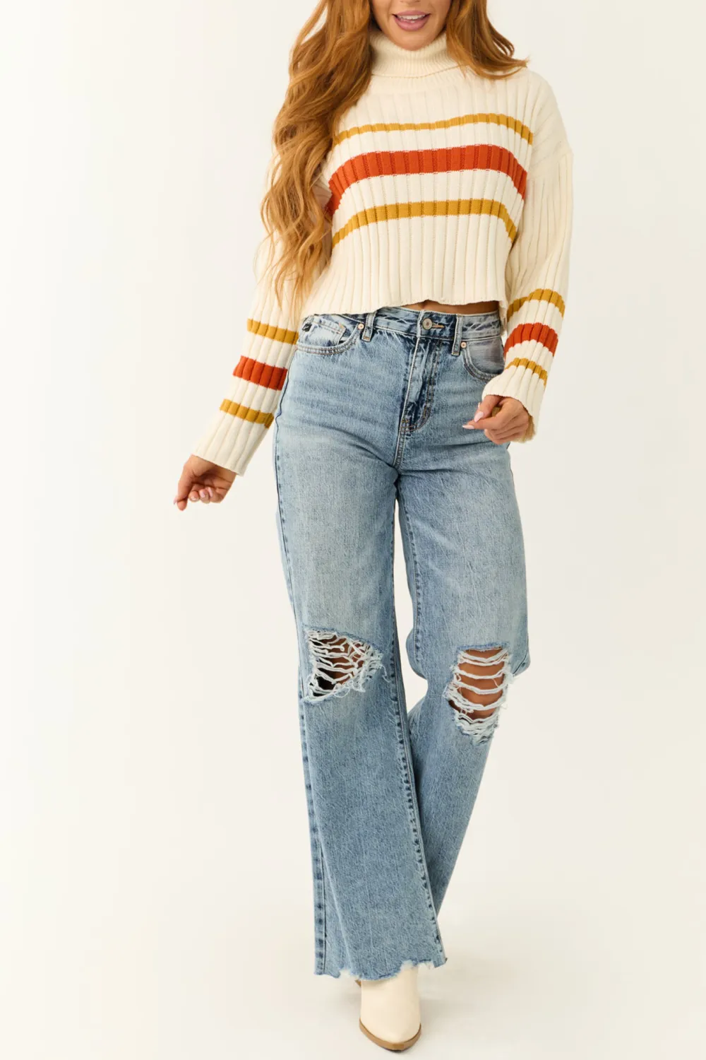 Cream Striped Turtleneck Cropped Sweater