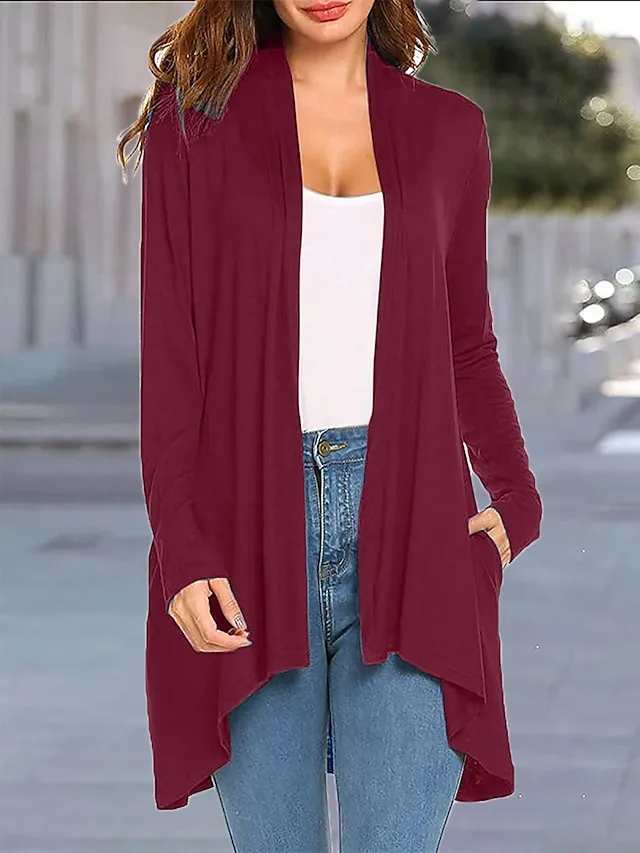 Women's Cardigan Sweater Open Front Ribbed Knit Knit Pocket Summer Fall Outdoor Daily Weekend Stylish Casual Soft Long Sleeve Solid Color Black White Wine S M L