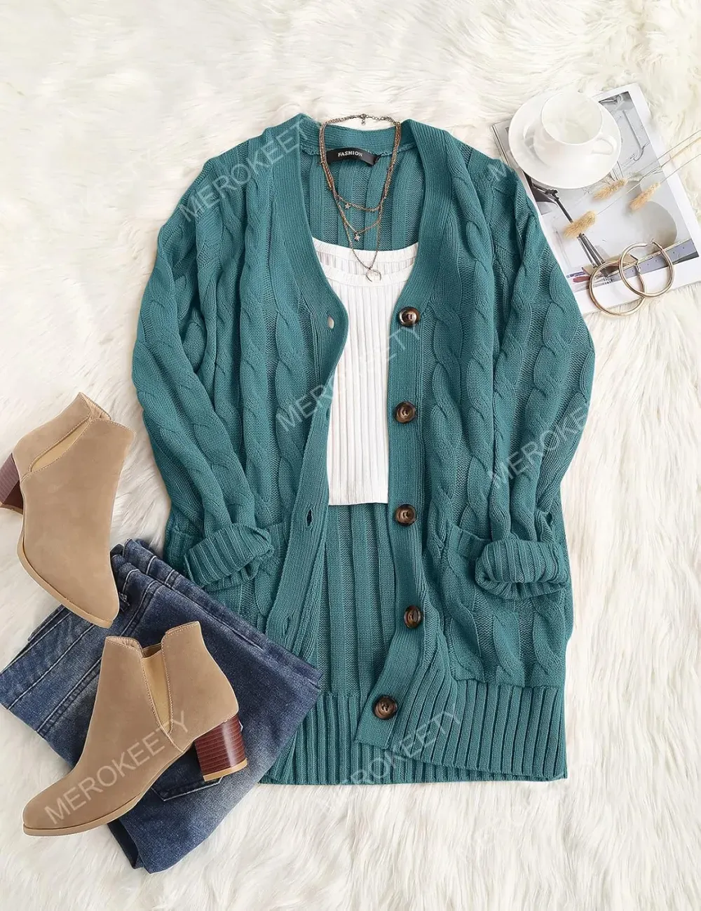 MEROKEETY Women's 2024 Fall Long Sleeve Cable Knit Sweater Open Front Cardigan Button Loose Outerwear