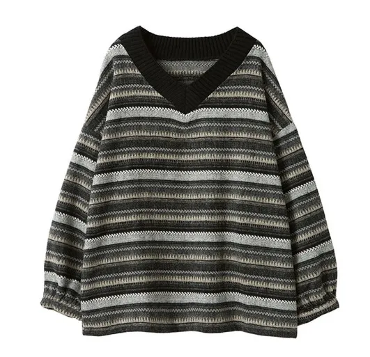 Loose V-neck Striped Sweater