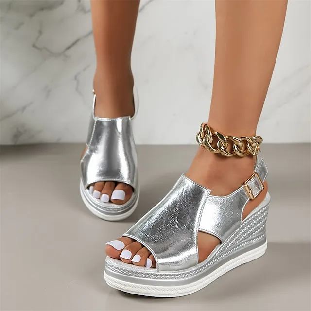 Women's Sandals Wedge Sandals Platform Sandals Ankle Strap Sandals Wedding Outdoor Summer Wedge Heel Fashion Elegant Minimalism PU Buckle Solid Color Silver Gold