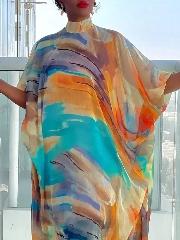 Vacation Batwing Sleeves Contrast Color Printed High-Neck Maxi Dresses