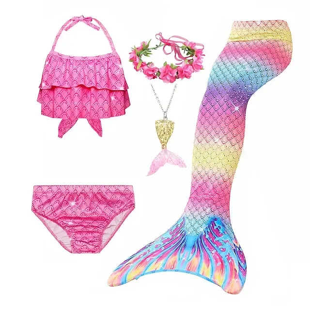 Kids Girls' Five Piece Bikini Swimming Rainbow Cute Print Bathing Suits 3-10 Years Spring Rose Red