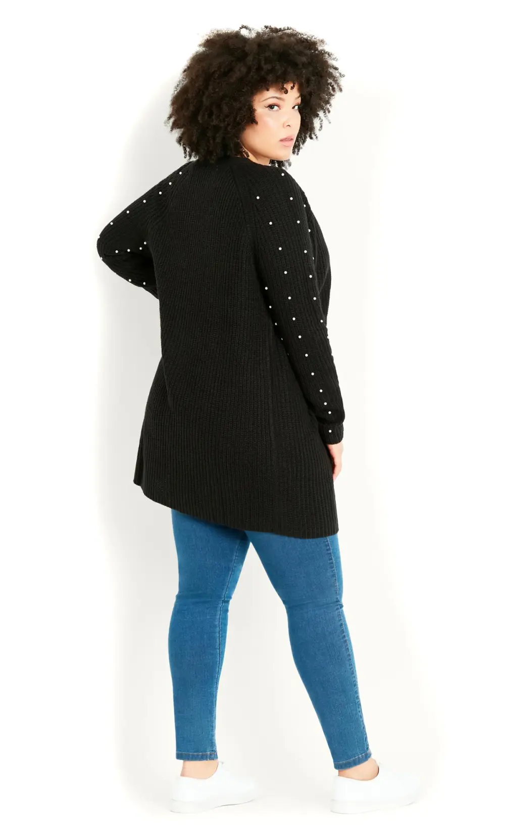 Evans Black Ribbed Knit Pearl Embellished Cardigan