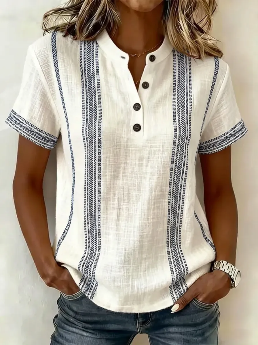 Women's Nashville Travel Vertical Stripe Printed Henley Shirt