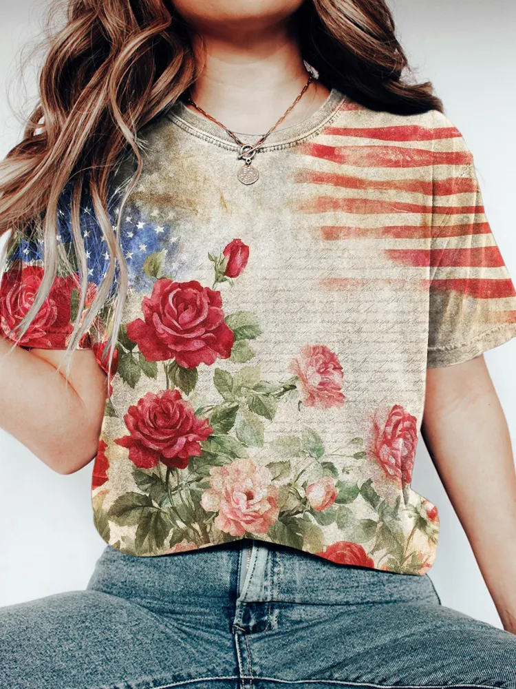 Vintage Rose & Declaration Of Independence Signature Print Women's T-shirt