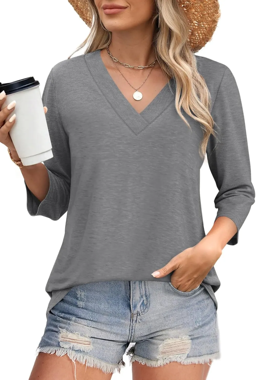 ⏰Hot Sale-Women's V Neck 3/4 Long Sleeve Tops Loose Fit Blouse