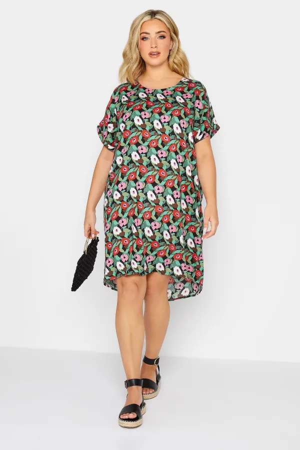 YOURS Curve Black Floral Print Dipped Hem Shift Dress