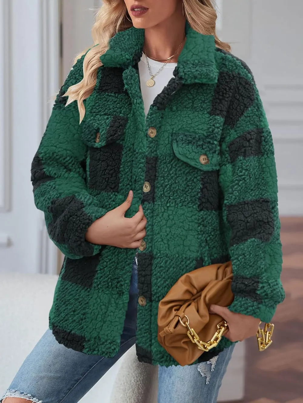 Women's Fleece Plaid Jacket Coats Button Down Lapel Sherpa Shacket Outwear with Pockets