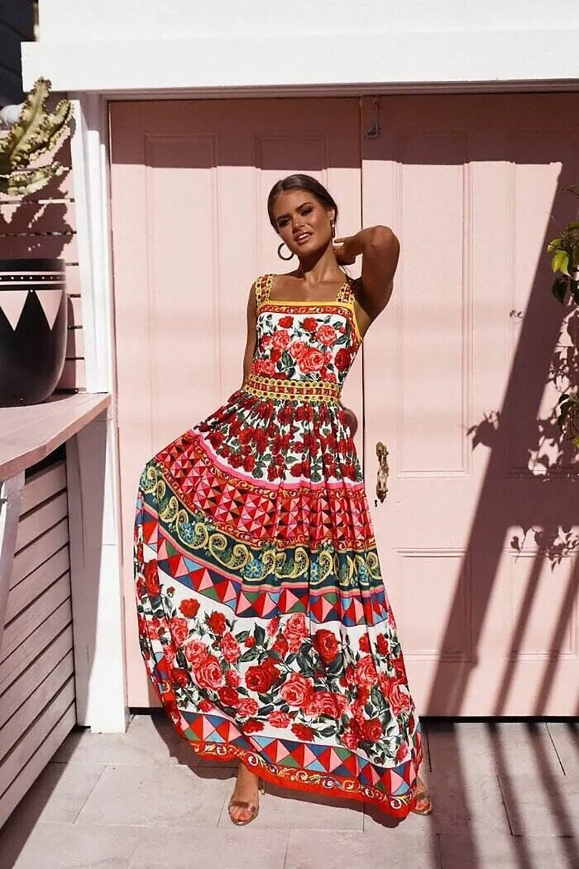 Fragmented Sleeveless Square Neck Printed Beaded Special Pleated Casual Dress