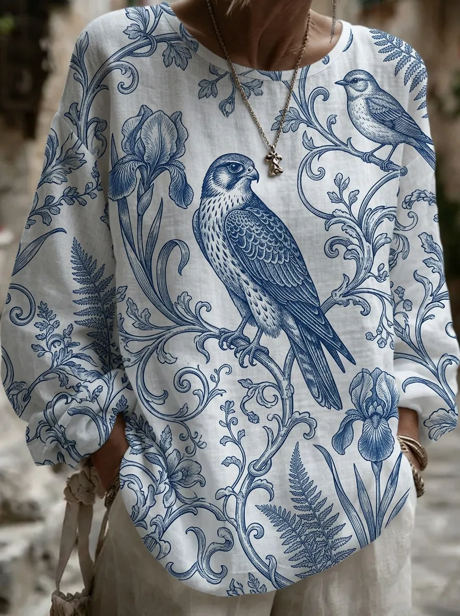 Women's Nashville Bird Floral Botanical Printed Long Sleeve Top