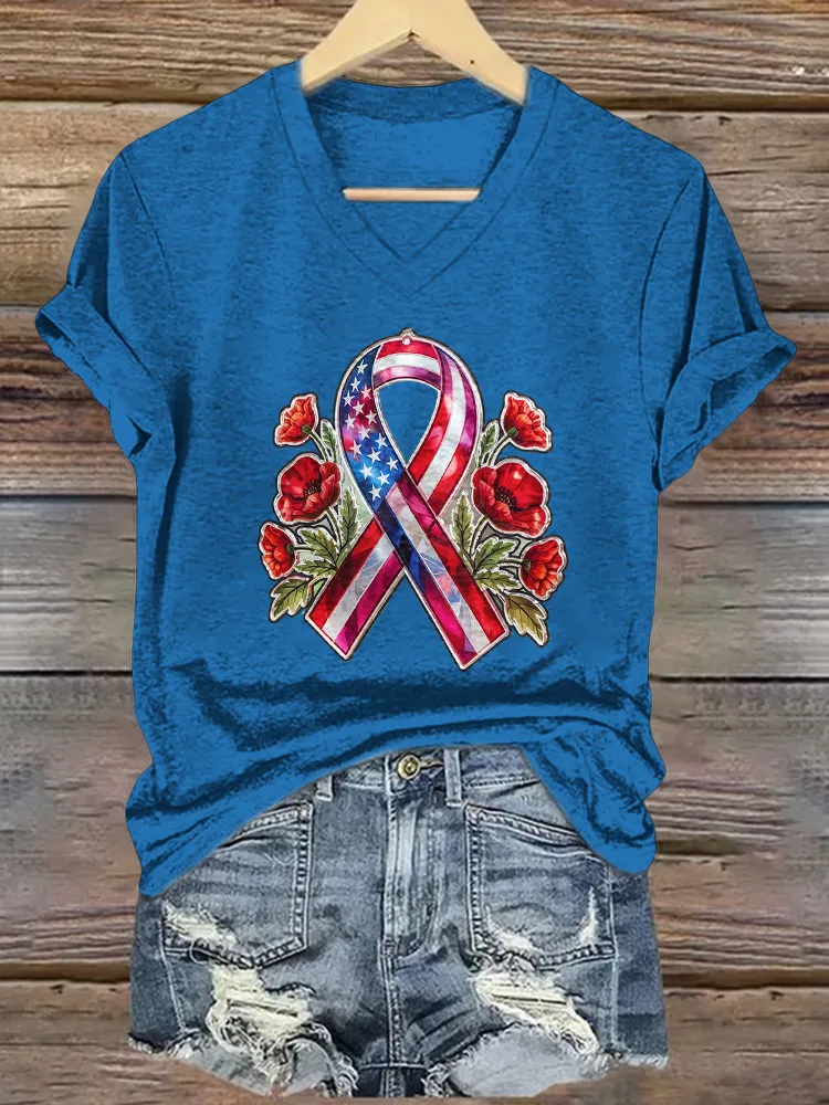 Women'S T-Shirt With Pattern Printing, Pure Cotton V-Neck Short-Sleeved T-Shirt