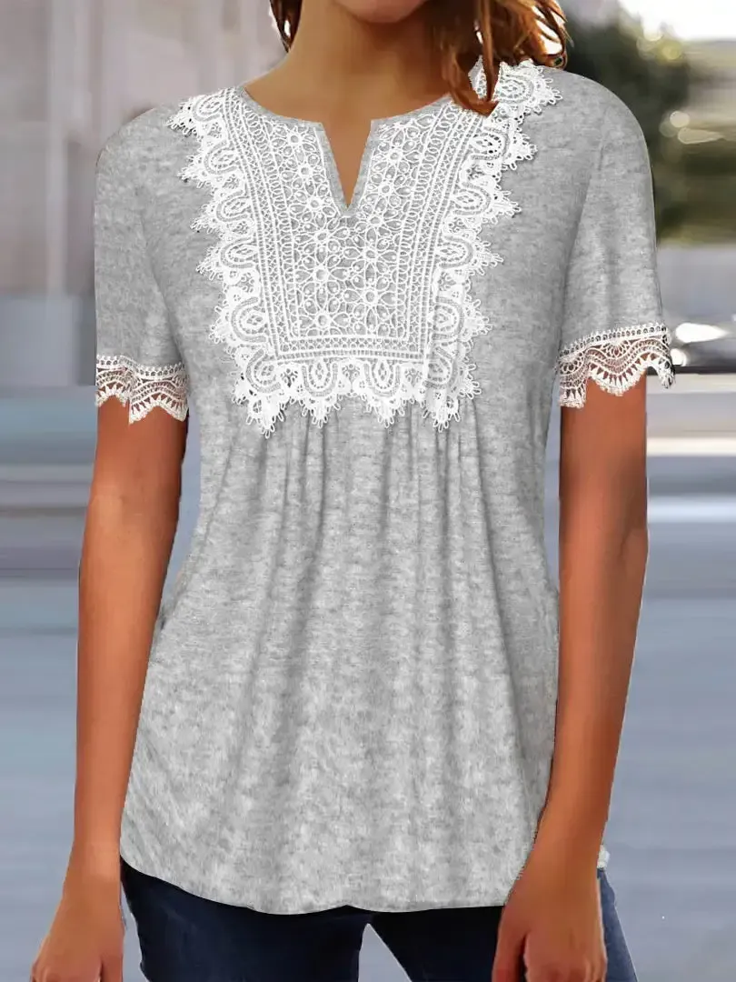 Women's Lace Short Sleeve V-neck Top