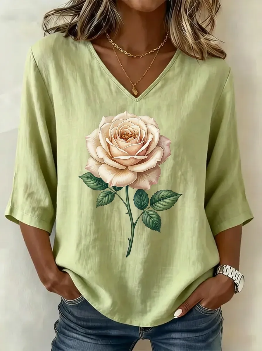 Women's Nashville Rose Flower Graphic Printed V-neck Top