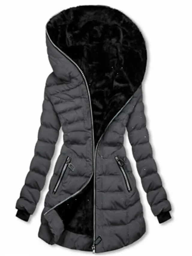 Women's Puffer Jacket Long Full Zip Pocket Button Coat Black Yellow Silver Red Casual Street Fall Zipper Hoodie Loose S M L XL XXL / Daily / Warm / Breathable / Solid Color / Lined