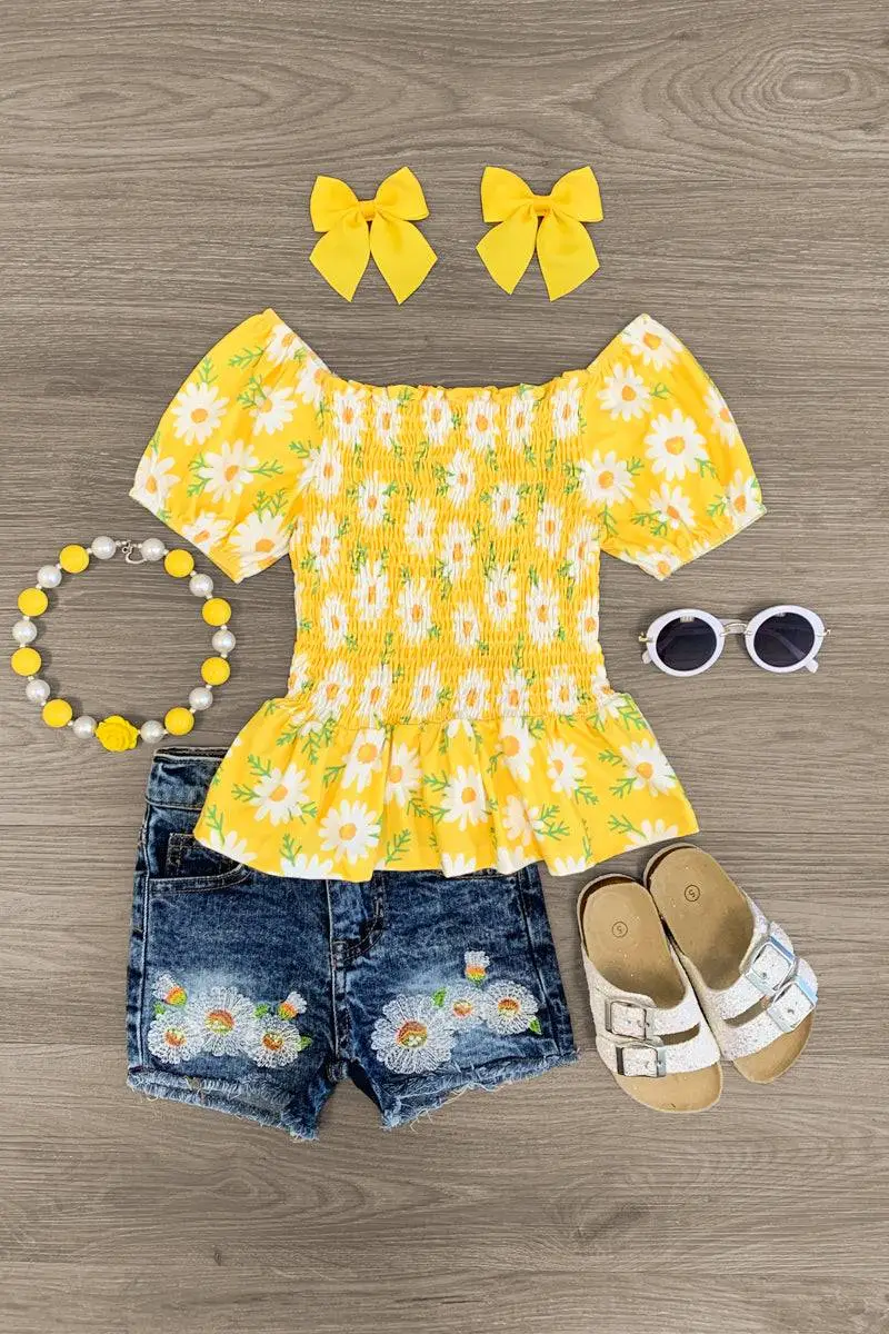 Yellow Embroidered Daisy Denim Short Set