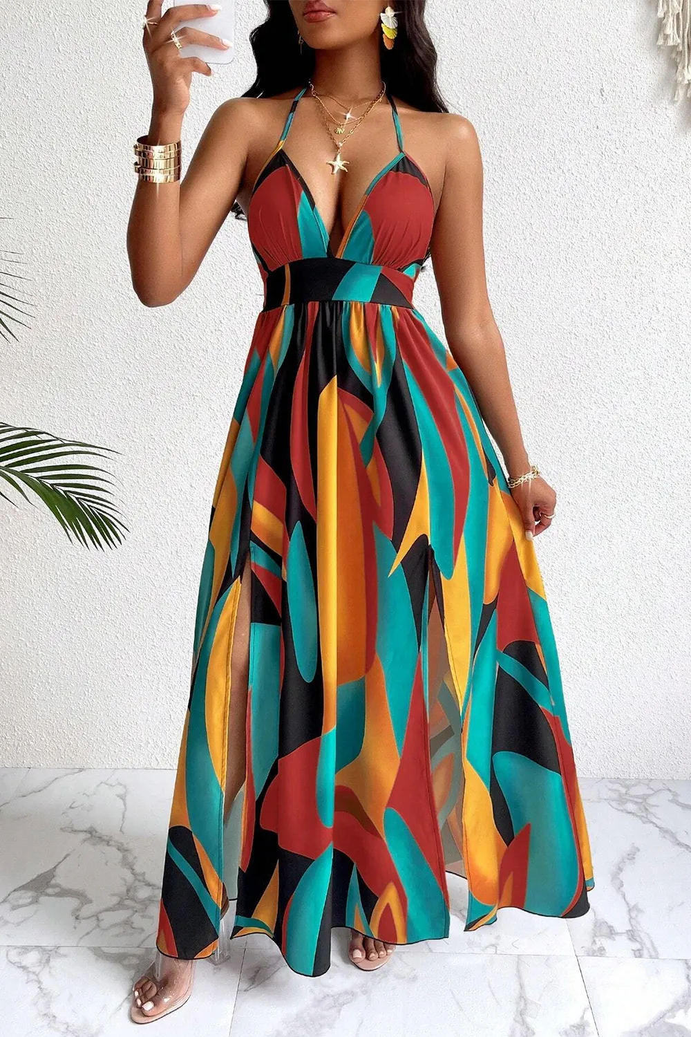 Sexy Backless Multi-color Pattern Dress