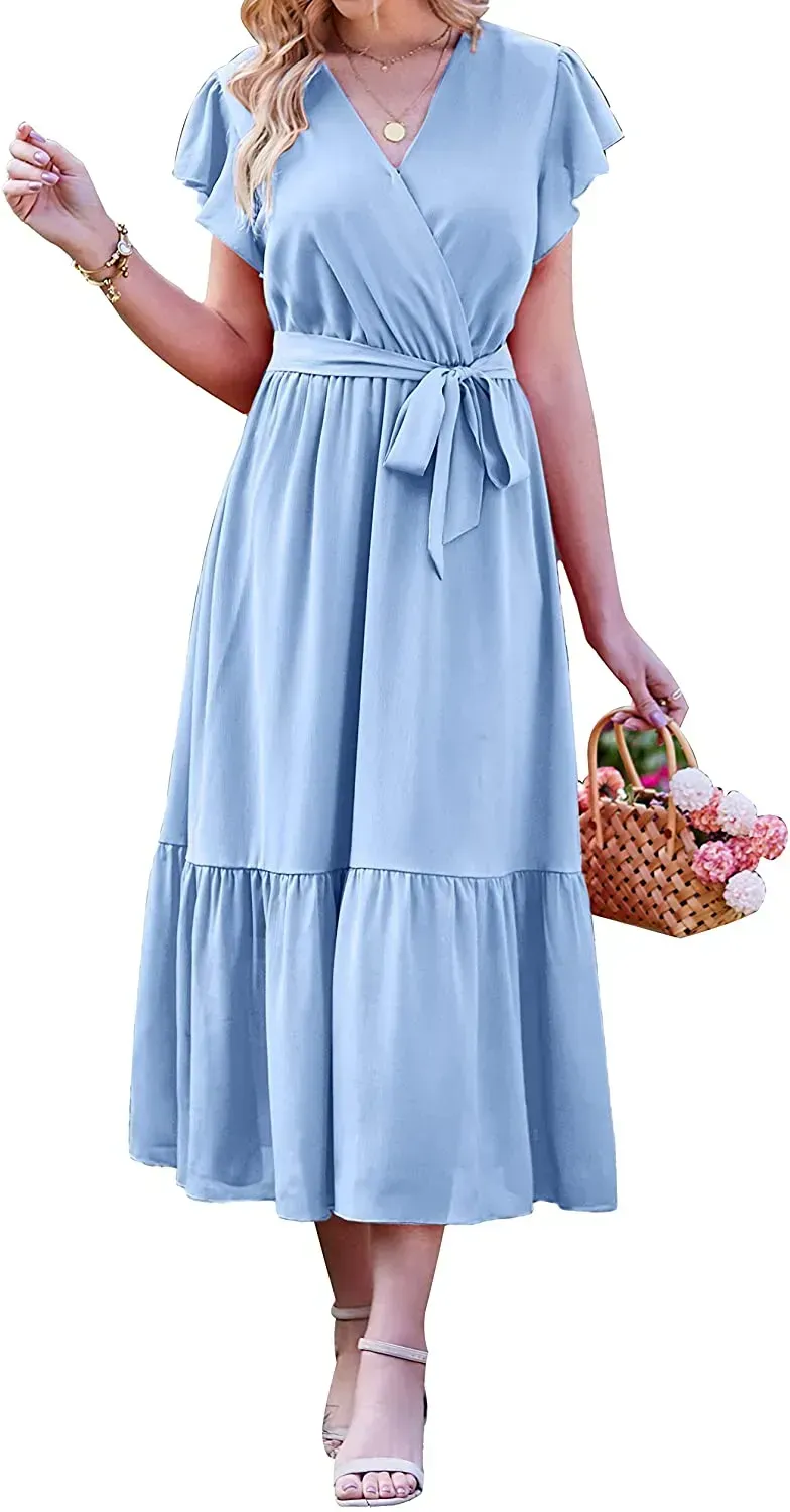 Women Summer Bohemian Floral Casual Wrap V Neck Ruffle Cap Sleeveless Belt A-Line Pleated Hem Swing Midi Sun Dress