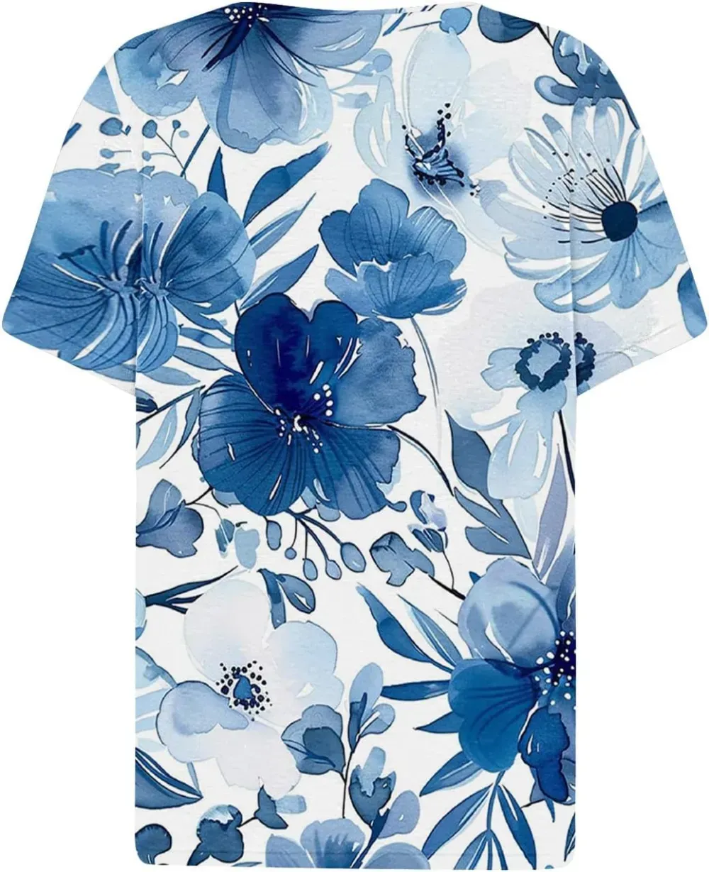 Shirts for Women Casual Printed Summer Tops Short-Sleeved Button V-Neck Tops Blouse Fashion Boho T-Shirts