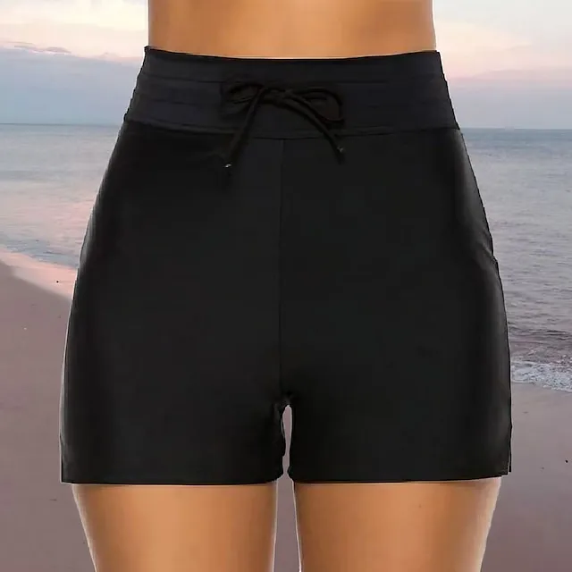 Women's Swimwear Bikini Bottom Swim Shorts Normal Swimsuit Drawstring Solid Color Black Navy Blue Bathing Suits Sports Beach Wear Summer