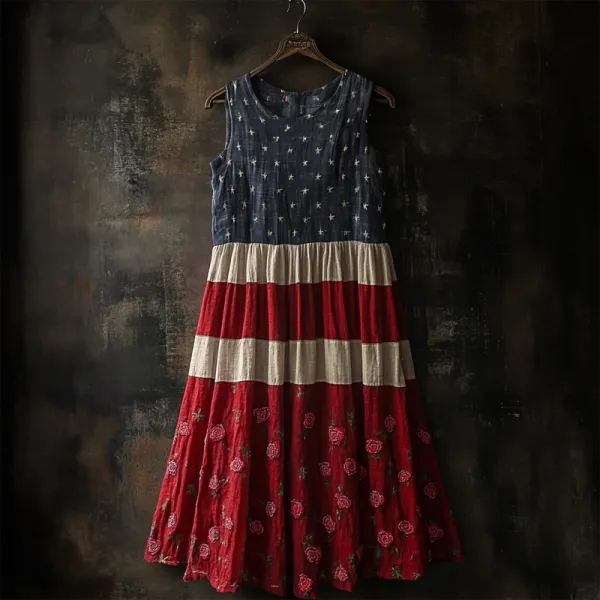 Vintage Flag Inspired Rose Embroidered Linen Tank Dress