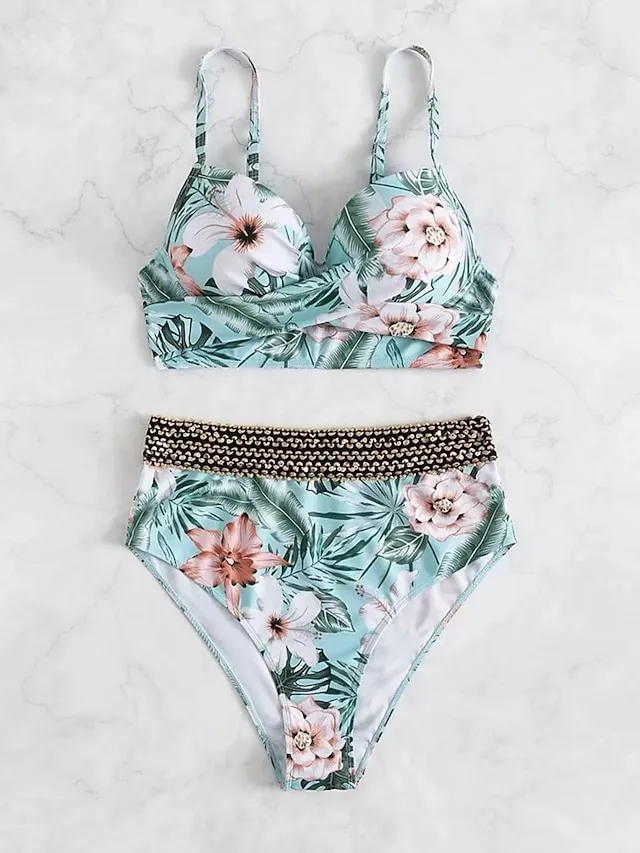 Women's Swimwear Bikini Normal Swimsuit 2 Piece Printing Floral Purple Green Bathing Suits Sports Beach Wear Push Up
