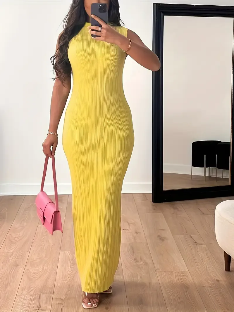 Women's Summer 2023 Fashion Casual Knit Sleeveless Crew Neck Bodycon Pencil Dress, Polyester 95% Spandex 5%, Solid Color Long Length Skinny Fit
