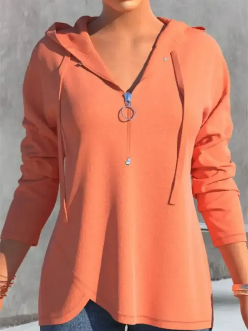 Women's Long Sleeve V-neck Hooded Zipper Tops