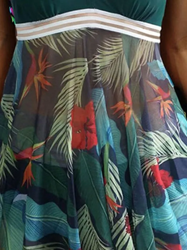 Women's Swimwear Tankini Swim Dress 2 Piece Plus Size Swimsuit 2 Piece Modest Swimwear Open Back Printing for Big Busts Leaf Floral Navy Blue Purple Green Padded V Wire Bathing Suits New Vacation Cute