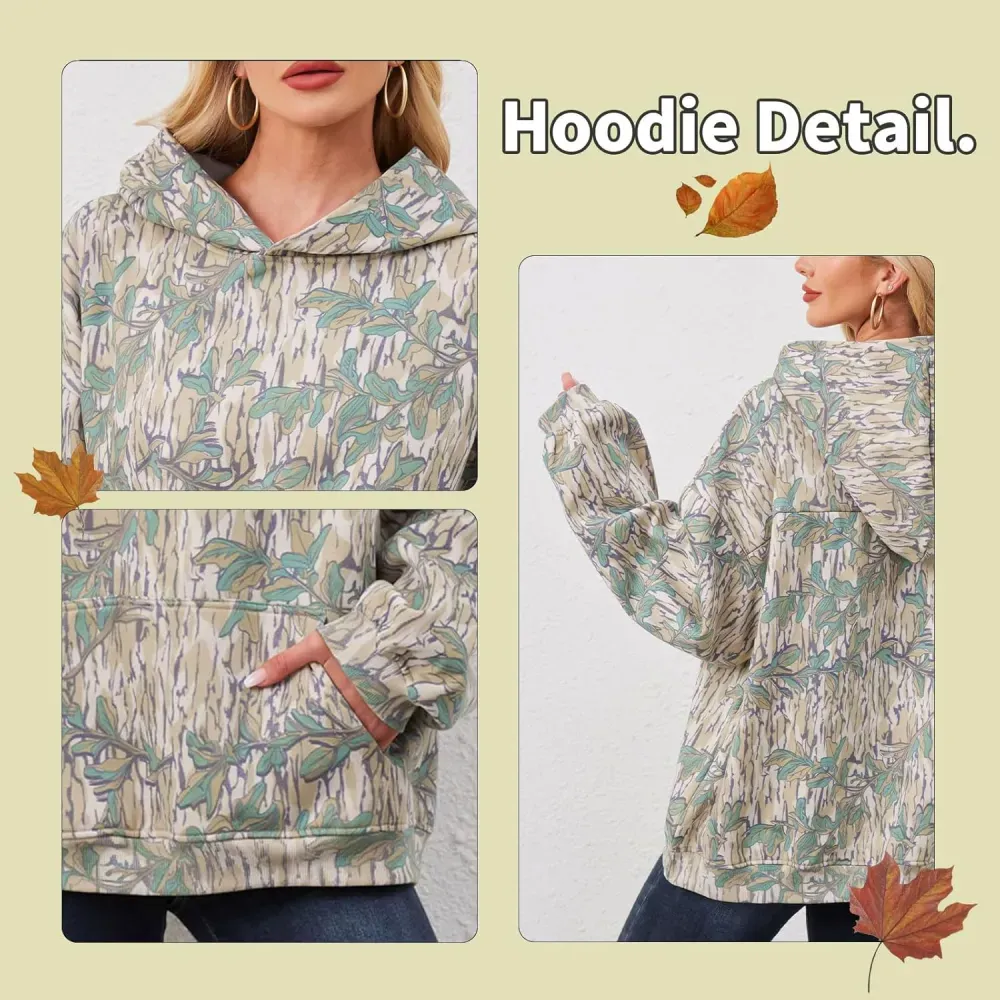 Womens Camo Hoodies Maple Leaf Print Oversized Hooded Sweatshirt Fleece Pullover Sweatshirts Long Sleeve with Pocket