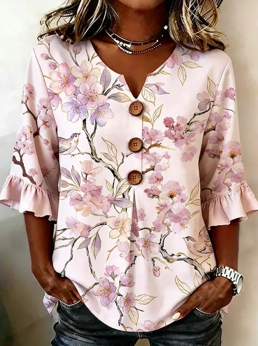Women's Nashville Floral Bird Pattern Printed V-Neck Ruffle Sleeve Top