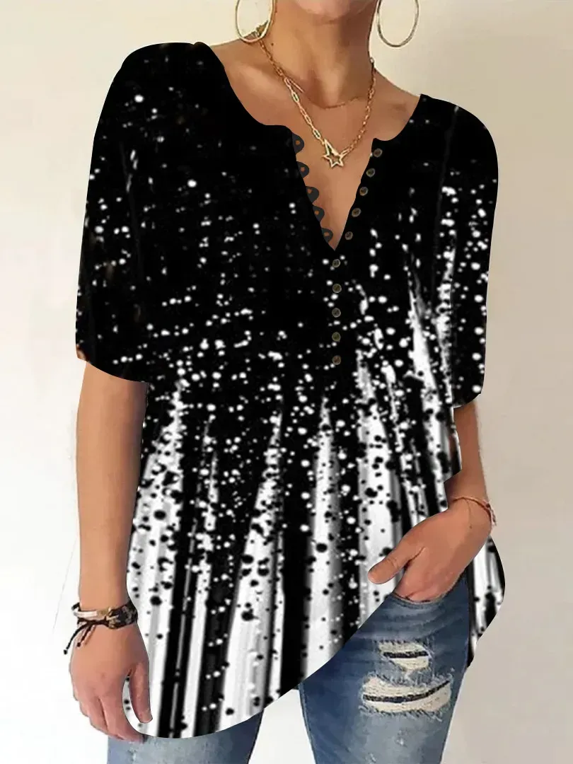 Women Half Sleeve V-neck Gradient Striped Printed Tops