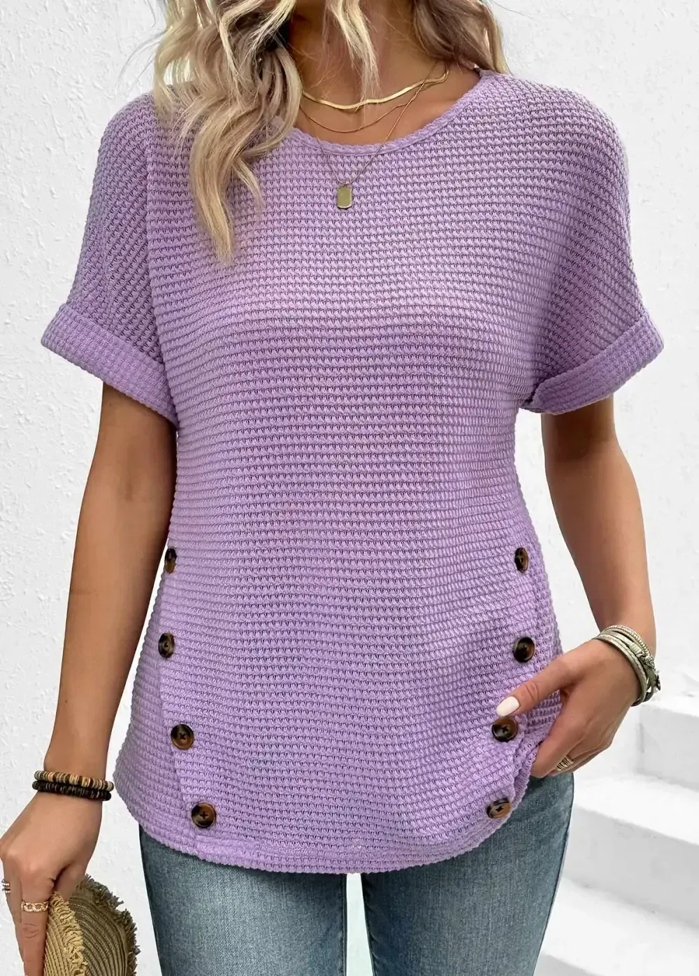 Light Purple Button Short Sleeve Round Neck T Shirt