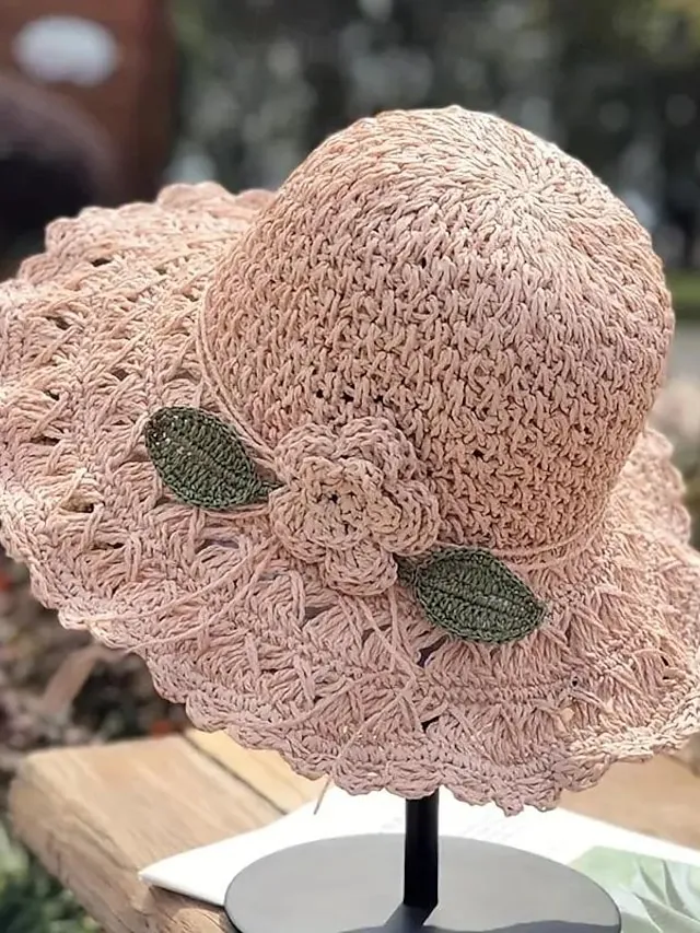 1pcs Trendy Flower Crochet Straw Hat Elegant Solid Color Ruffle Sun Hats Classic Foldable Summer Travel Beach Hats For Women Girls