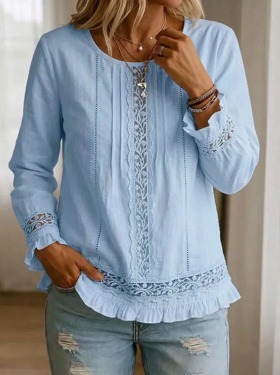 Women's Nashville Country Lace Trimmed Ruffled Long Sleeve Top