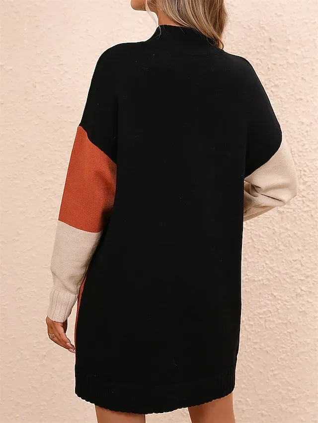 Women's Sweater Dress Jumper Dress Winter Dress Mini Dress Knitwear Fashion Casual Color Block Outdoor Daily Vacation Going out Crew Neck Long Sleeve Patchwork 2023 Loose Fit Black Blue khaki S M L XL