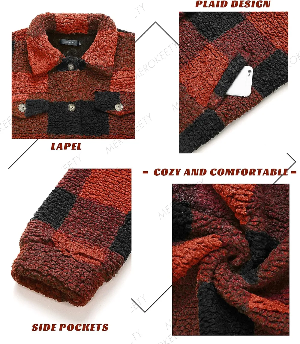 Women's Fleece Plaid Jacket Coats Button Down Lapel Sherpa Shacket Outwear with Pockets
