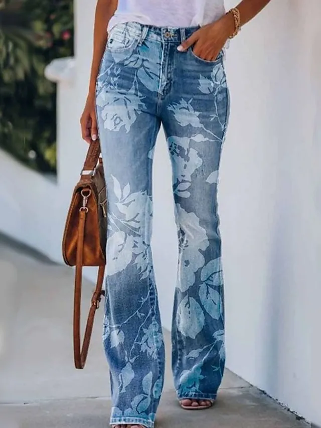 Women's Jeans Bootcut Flare Full Length Faux Denim Side Pockets Wide Leg High Elasticity Mid Waist Fashion Casual Weekend 31803 31806 S M